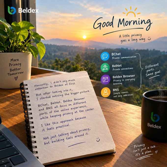 A promotional 'Good Morning' graphic for Beldex featuring a handwritten note praising BChat, BelNet, Beldex Browser, and BNS as practical privacy tools, set against a sunrise desk scene.