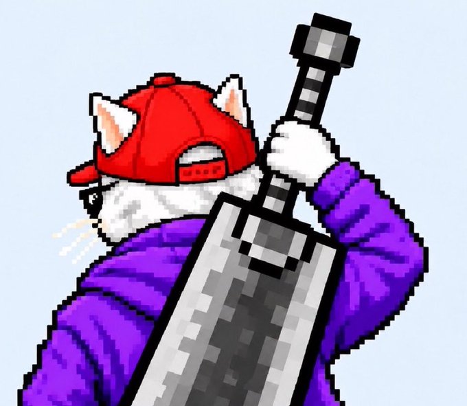 A pixel art illustration of an anthropomorphic white cat wearing a red backwards cap and purple jacket, carrying a large sword on its back.