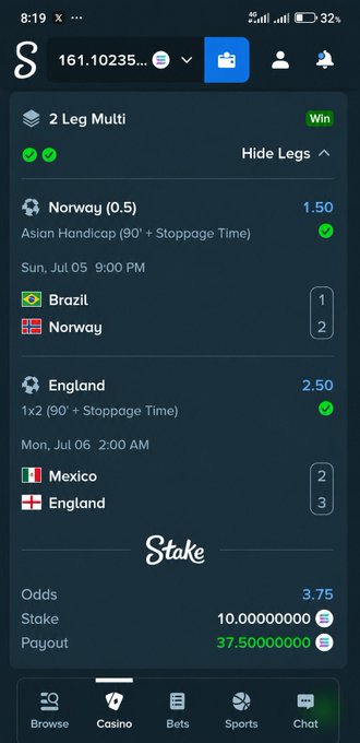 A screenshot of a Stake sports betting app showing a winning 2-leg multi parlay with a payout of 37.50 on a 10.00 stake, including bets on Norway vs Brazil (Asian Handicap) and Mexico vs England.