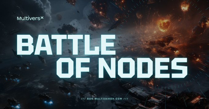 The image shows a poster for a video game called "Battle of Nodes". The poster features an illustration of a battle scene with explosions and ships, along with the text "Battle of Nodes" written above it. Below the title, there is a list of updates that have been made to the game, including a security update and prize distribution across all three tracks. The post also mentions that if you are among the winners, you should confirm your payout address directly inside the Battle of Nodes portal.