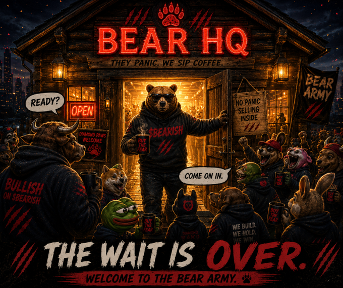 A dark, stylized digital illustration titled "BEAR HQ" showing various anthropomorphic animals (bears, frogs, dogs) in hoodies gathered outside a wooden cabin, with slogans like "THEY PANIC. WE SIP COFFEE" and "THE WAIT IS OVER."