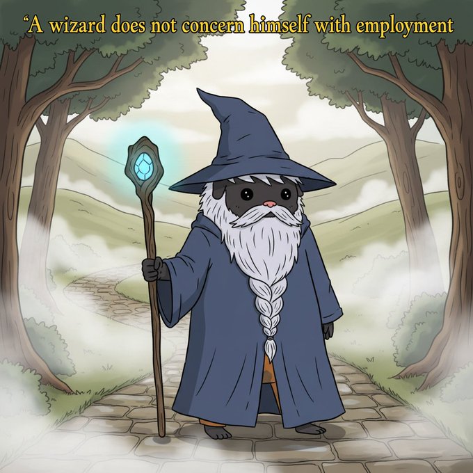 A cute cartoon image of an elderly wizard with a long white beard, dark blue robes, and a wizard hat, holding a staff with a glowing blue crystal, walking along a forest path. The text at the top reads: "A wizard does not concern himself with employment."

The whimsical wizard character, with his carefree and unbothered demeanor, visually reinforces the "Honey Badger Don't Care" attitude conveyed by the hashtags in the post.