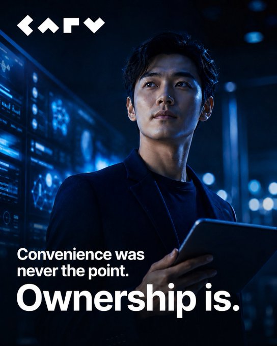 The image features a man holding a tablet computer while standing against a blue background with white text. The caption of the image reads, "Ownership is." This statement emphasizes that ownership matters more than convenience or ease of use when it comes to digital products like tablets and other online services.