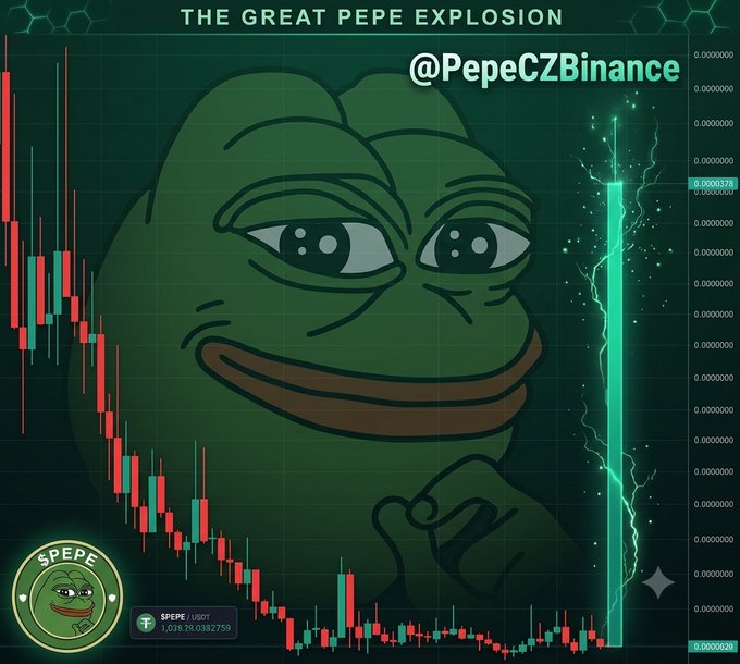A Pepe meme cryptocurrency chart titled 'THE GREAT PEPE EXPLOSION' with handle @PepeCZBinance, featuring the Pepe frog character over a price chart showing a dramatic green spike.