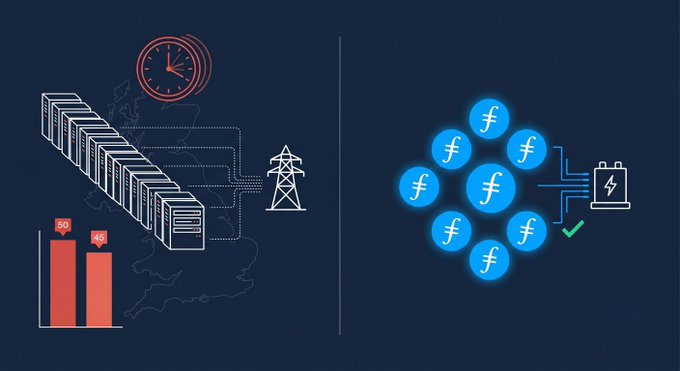 The image contrasts two scenarios: on the left, a bar chart shows data center grid connection requests at approximately 50 GW (red) against the UK's peak national demand of around 45 GW (blue), alongside a clock, server racks, and power line icons symbolizing lengthy wait times. On the right, multiple blue "f" logos (representing Filecoin) cluster around a battery icon with a green checkmark, illustrating the post's message that Filecoin providers deploy where power already exists, bypassing the grid connection queue.