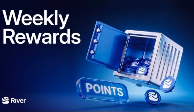 A promotional graphic for 'Weekly Rewards' by River, featuring an open safe containing blue tokens with wave logos, alongside a 'POINTS' button against a blue background.
