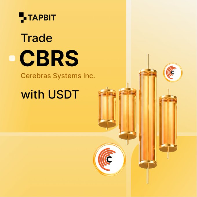 Tapbit promotional graphic with the text 'Trade CBRS (Cerebras Systems Inc.) with USDT,' featuring golden cylindrical token illustrations and the Cerebras 'C' logo on a yellow background.