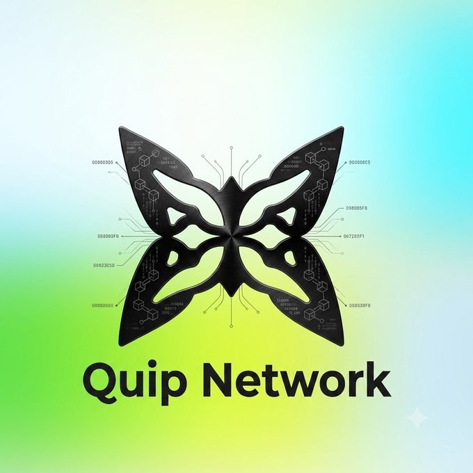 Logo for "Quip Network" featuring a black butterfly silhouette overlaid with circuit-like patterns and hex codes on a green-to-cyan gradient background.