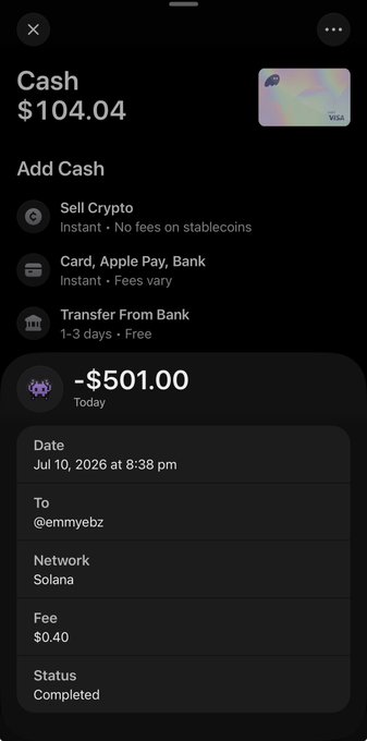 The image shows a Cash app transaction for -$501.00 sent today (Jul 10, 2026) to @emmyebz via the Solana network with a $0.40 fee, completed status. This relates to the post as it likely represents a giveaway payout sent to a follower named @emmyebz, though the receipt specifies @emmyebz rather than the @miracle329541 mentioned in the congratulatory message.