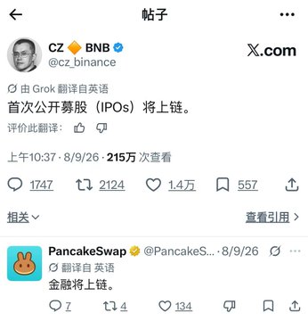 An X (Twitter) post by CZ @cz_binance (BNB) with the text translated by Grok saying 'IPOs will go on-chain', showing 21.5万 views and 1747 replies.