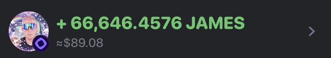 The image shows a digital wallet or transaction interface displaying "+66,646.4576 JAMES" in green text alongside a profile picture wearing sunglasses, with an approximate value of ≈$89.08 listed below. The image likely relates to the post by showcasing the JAMES token within the Monad ecosystem, highlighting it as part of the tech being discussed or traded.