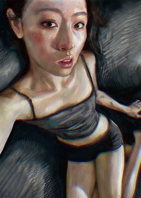 A digital painting depicting a young woman with flushed cheeks lying down, wearing a dark tank top and shorts, looking directly at the viewer.