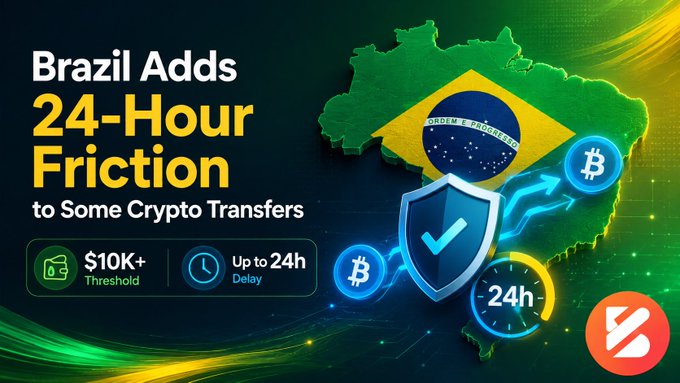 A graphic announcing that 'Brazil Adds 24-Hour Friction to Some Crypto Transfers,' showing a map of Brazil with a Bitcoin symbol and shield, indicating a $10K+ threshold and up to 24h delay.