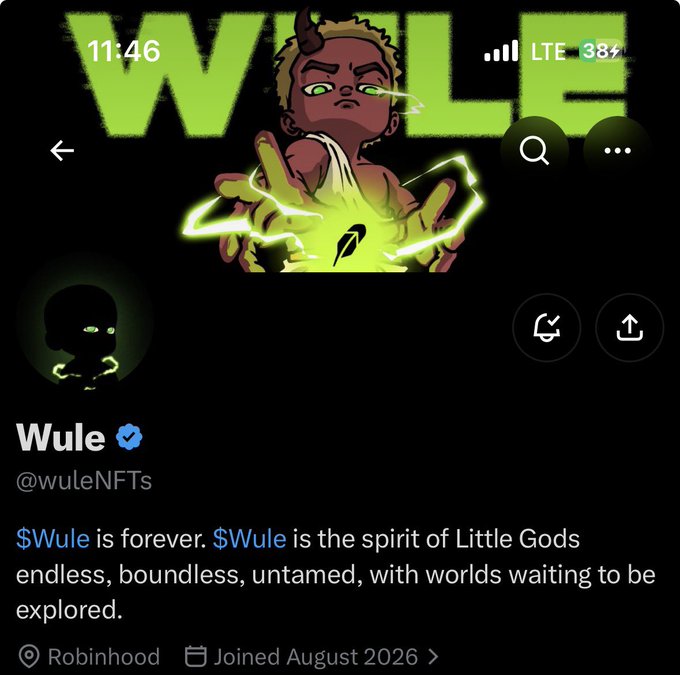 A Twitter/X profile for 'Wule' (@wuleNFTs) with a verified checkmark, featuring a neon green character with glowing eyes and a bio reading '$Wule is forever. $Wule is the spirit of Little Gods endless, boundless, untamed, with worlds waiting to be explored.' Located in Robinhood, joined August 2026.