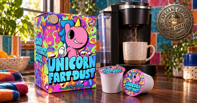 A colorful box labeled "UNICORN FART DUST" featuring a cartoon unicorn sits next to a coffee machine, with matching coffee pods in the foreground.