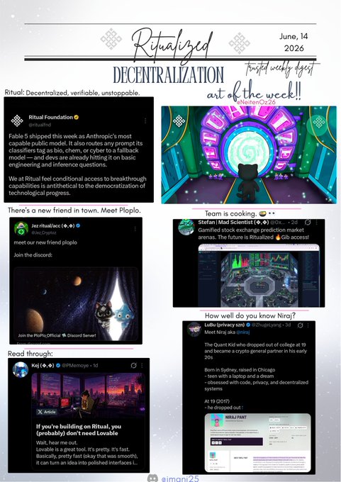 The image is a poster for an online game, specifically Ritualized with @ritualnet ✓ Anthropic’s Fable 5 gates Frontier AI behind classifiers. The poster has multiple images of gameplay from the game that show how it works in practice. It also provides text informing users about what they can expect while playing the game and a link to a social media post where you can chat with other players, making for an interesting online community experience.