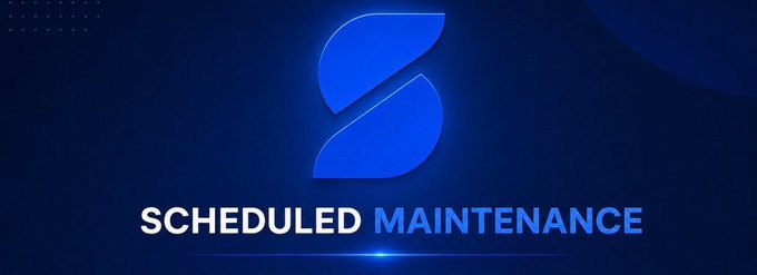 A blue graphic banner displays a stylized "S" logo above the text "SCHEDULED MAINTENANCE," visually reinforcing the announcement that SFEX Wallet is temporarily down for maintenance and will return within 24 hours.