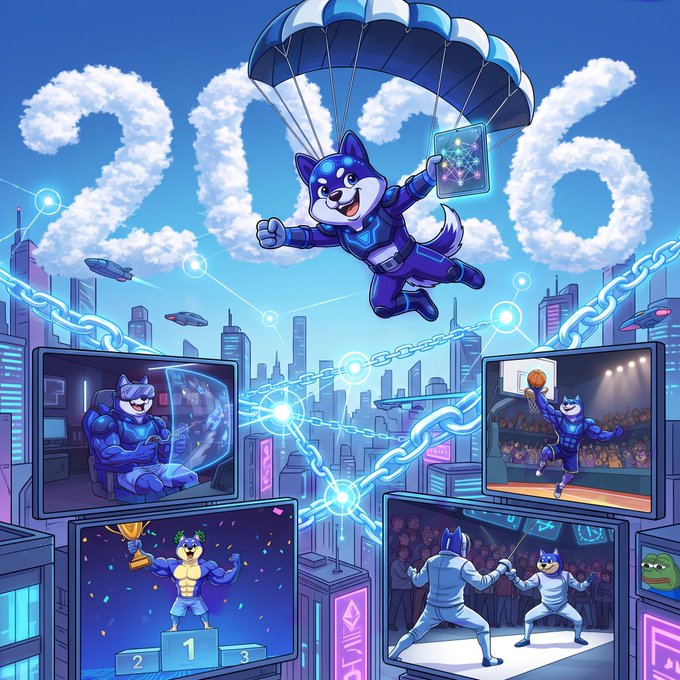 An illustration of a husky in a blue superhero suit parachuting with a tablet, surrounded by screens showing various sports achievements and chains forming the number '2026' in the clouds.