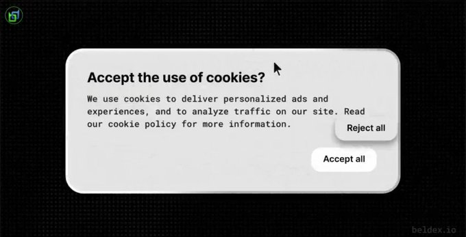 A cookie consent dialog box on a dark background asking "Accept the use of cookies?" with explanatory text and options to "Reject all" or "Accept all," branded with beldex.io in the corner.