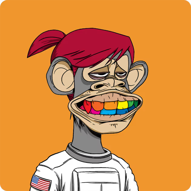 The image features a cartoon monkey wearing a white shirt with an American flag patch, standing against an orange background. The monkey has a red ponytail and is depicted as being bored or uninterested. There are also several colorful objects scattered around the monkey's face, including a rainbow-colored toothbrush and a rainbow-colored banana.

The post includes text that reads "Too many @BoredApeYC showing up on my timeline lately... feels like the algorithm is slowly deciding my NFT CT destiny next you just watch the holders then you start liking the community". The monkey's position in the image, along with its facial expression and the objects around it, seem to convey a sense of boredom or disinterest.