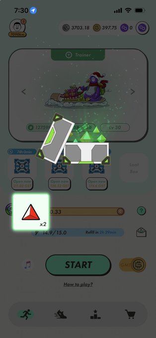 The image shows a cell phone screen with an app icon displayed, which appears to be a game or puzzle. The icon has a red triangle with a number "47" inside of it. The background of the screen is white, and there are several other icons visible in the bottom right corner. The post about the app features a list of instructions for how to play the game, including details such as the activation code "25133335 MB4本当にLV2gem出るのかな？ 最近でてないような気がする MB6 0/6 LV2×2 11 MB5 7/442 C3 UC2 R2 MB4 1/132 UC3 #STEPNGO".
