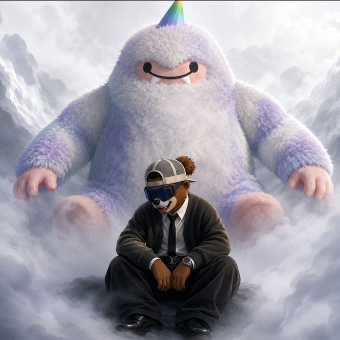 A digital artwork of a character with a dog-like mask sitting in front of a giant yeti-like creature wearing a party hat against a cloudy mountain backdrop.