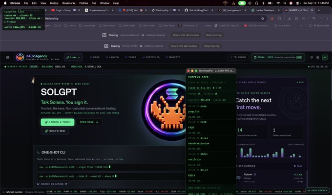 A screenshot of a cryptocurrency launchpad page on DEX Screener for 'SolGPT' (powered by $402), showing a Solana logo, market data, and a 'DealPally' pump.fun tag overlay.