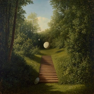 A serene forest path with wooden steps leading up a hillside, featuring a large white egg-like sphere at the top, evoking themes of nature and rebirth that align with the post's "Biophilia" artwork celebrating interconnectedness with the natural world.