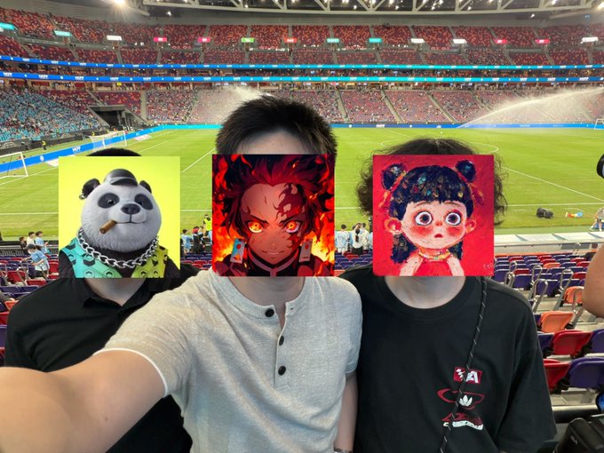 Three people posing for a selfie in a soccer stadium with red seats, their faces obscured by anime/meme stickers: a panda smoking, a fiery-haired demon, and a red traditional Chinese figure.