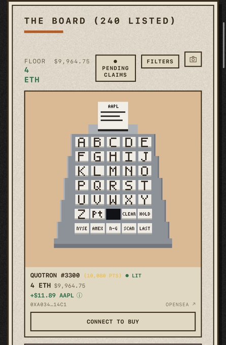 A trading interface for 'QUOTRON #3300' showing 10,000 points, priced at 4 ETH ($9,964.75), featuring a pixel art stock ticker board with the 'AAPL' letter selected.