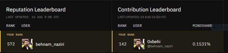 The image displays two leaderboards from what appears to be a blockchain-based project: a "Reputation Leaderboard" (last updated 14 Aug 9:00 UTC) showing user "behnam_naziri" ranked 572, and a "Contribution Leaderboard" (last updated 14 Aug 16:00 UTC) showing the same user ranked 142 with a mindshare of 0.1531% under the display name "Oxbehi." The leaderboards relate to the post by demonstrating the contributor's ranking and engagement metrics within the Iron Allies NFT campaign, highlighting their active participation in the project's ecosystem.
