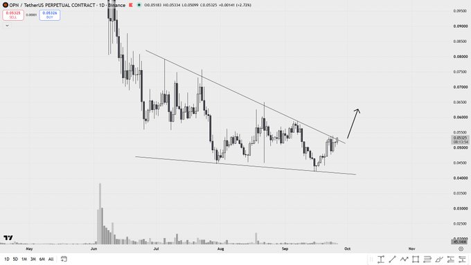 A TradingView chart showing the 'OPN / TetherUS PERPETUAL CONTRACT' on Binance, displaying a descending wedge or channel pattern with an arrow indicating potential upward breakout.