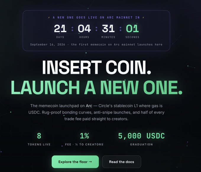 A crypto launchpad webpage titled 'INSERT COIN. LAUNCH A NEW ONE.' with a countdown timer for September 16, 2026, showing 8 tokens live, 1% fee to creators, and 5,000 USDC graduation.