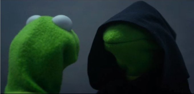 Two versions of Kermit the Frog stand against a dark background, one unmasked and the other wearing a black hood, in a popular meme image.