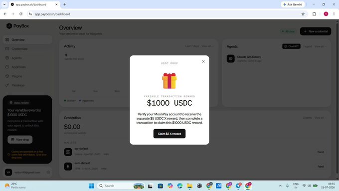 A screenshot of the PayBox dashboard showing a USDC drop promotion offering a $1000 USDC reward for completing a $5 USDC X reward transaction.