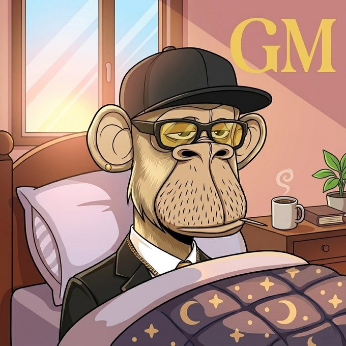 The image features a cartoon monkey wearing glasses, a hat, and a suit, sitting comfortably on a bed while smoking a cigarette. The background of the image includes a window that allows natural light into the room. The caption for the image reads "Good morning All My X Family GM TGIF".