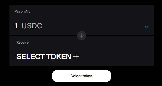 A cryptocurrency swap interface on the Arc network showing 'Pay 1 USDC' with a prompt to select a token to receive.