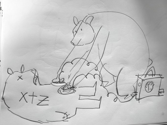 A black-and-white sketch on white paper depicting a bear standing on a smaller animal that has 'X+Z' written on its side, with another small square character nearby.