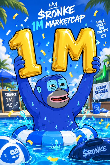 A cartoon illustration features a blue gorilla in a pool holding up large gold balloon letters spelling '1M' with text reading '$RONKE 1M MARKETCAP' and 'SMALL TOKEN BIG DREAMS'.