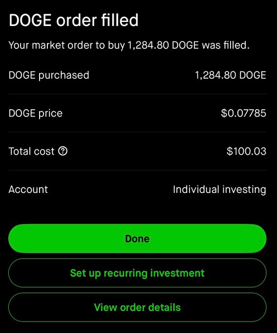 A Robinhood order confirmation screen showing a market order filled to buy 1,284.80 DOGE at $0.07785 per coin for a total of $100.03.
