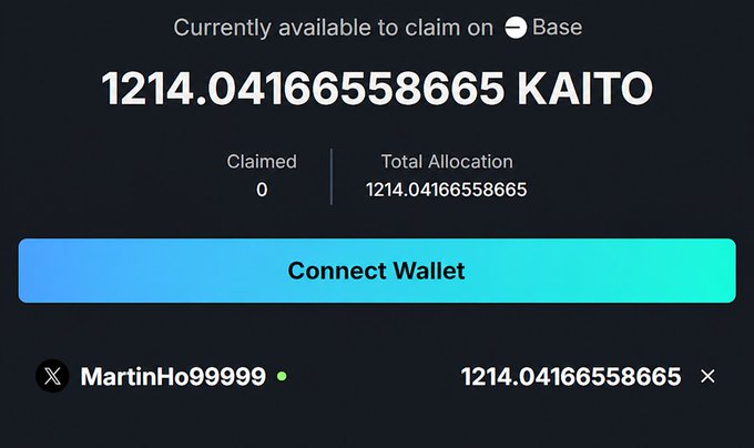 A cryptocurrency claim interface displays '1214.04166558665 KAITO' as the total allocation, with a 'Connect Wallet' button and the username 'MartinHo9999'.