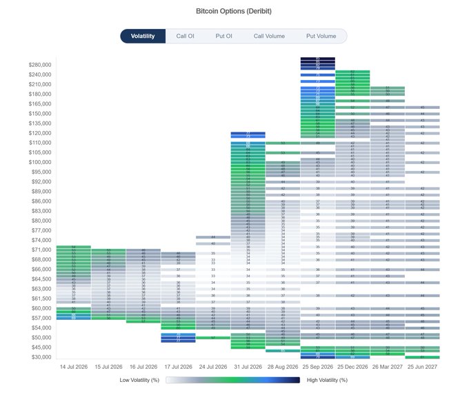 A Bitcoin Options Heatmap chart from Deribit displaying implied volatility across various strike prices (ranging from $30,000 to $280,000) and expiry dates (spanning from July 2026 to June 2027), with color intensity indicating low to high volatility levels.