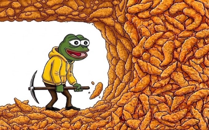 A cartoon illustration shows Pepe the Frog wearing a yellow hoodie and holding a pickaxe inside a frame made of fried chicken pieces.