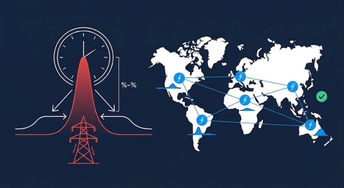 A bell curve peaks near a clock and power pylon, indicating the percentage shift in energy demand, alongside a world map showing Filecoin storage providers distributed across global time zones. The image illustrates the post's point that Filecoin's geographically dispersed network can naturally spread AI-related power loads across multiple grids rather than concentrating them at peak hours.