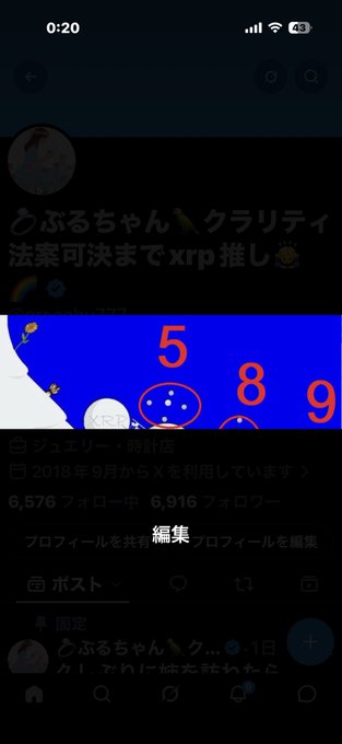 A screenshot of a Japanese X (Twitter) profile page displays the username "ぴぷるちゃん🍆クラリティ" with a blue banner image prominently featuring the number "589" in large orange digits, matching the post's reference to this significant number for XRP holders awaiting a decision.
