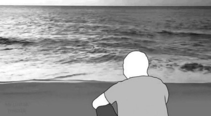 An animated or illustrated figure sits on a beach facing the ocean waves under a gray sky.