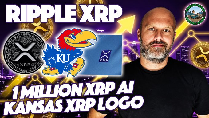 A man stands beside graphics featuring "RIPPLE XRP" and "1 MILLION XRP AI KANSAS XRP LOGO," alongside the Kansas Jayhawks mascot and Ripple's logo, suggesting Ripple's partnership with the University of Kansas. The post celebrates brand visibility for @bgarlinghouse and XRP, aligning with the image's theme of expanding XRP's mainstream recognition through high-profile sponsorships.
