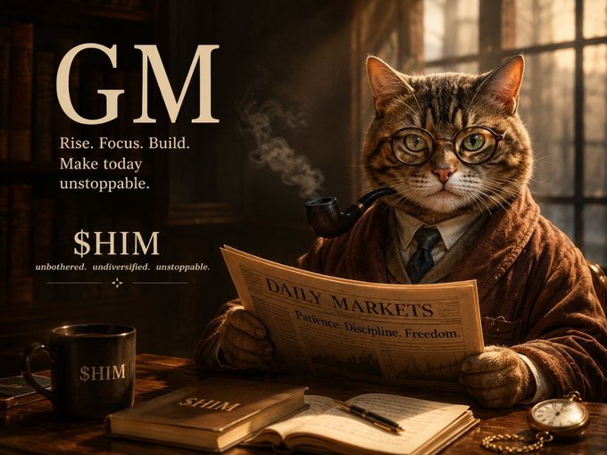 An illustrated tabby cat wearing glasses and a robe smokes a pipe while reading a 'DAILY MARKETS' newspaper, with the motivational text 'GM Rise. Focus. Build. Make today unstoppable. $HIM'.