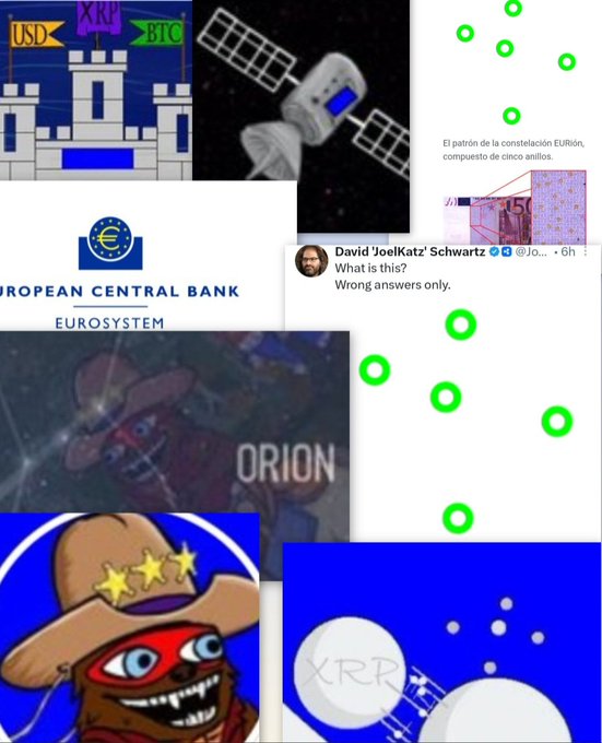 The image is a collage of cryptic visual clues—including the European Central Bank logo, the Eta Carinae constellation, Orion, XRP/USD/BTC flags, and text reading "What is this? Wrong answers only" from David Schwartz—suggesting a bullish alignment of cosmic and economic signals pointing to an XRP market surge.