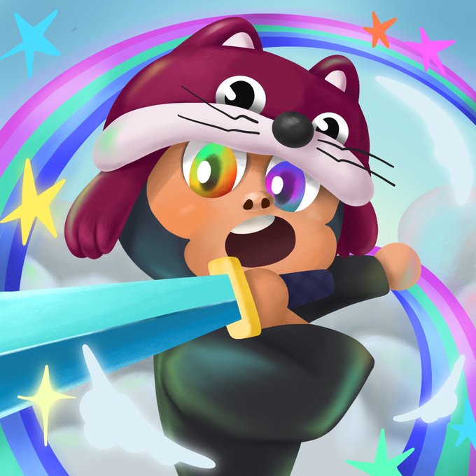 A digital illustration features a cartoon character with large, colorful eyes wearing a maroon cat-eared hat with a zigzag mouth, set against a backdrop of a rainbow, stars, and clouds while wielding a large blue sword.